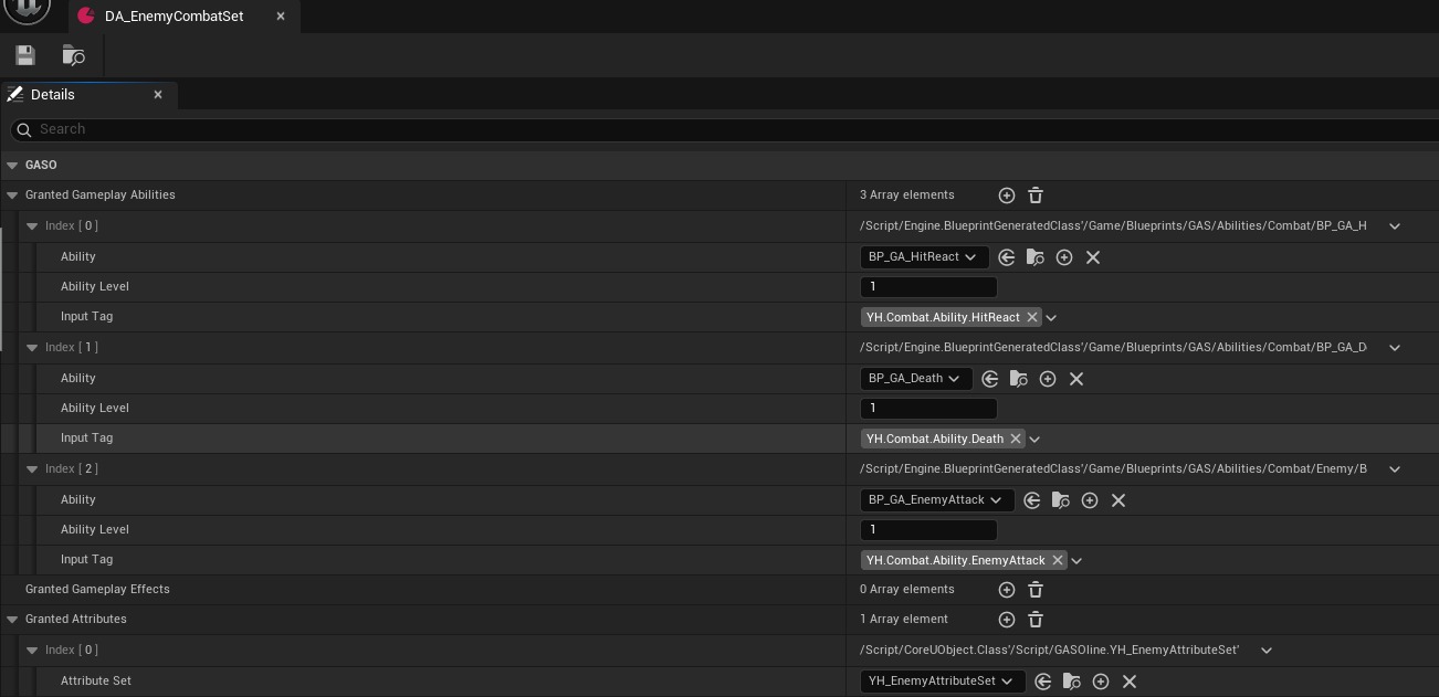 DA_EnemyCombatSet data asset open in the Unreal Editor