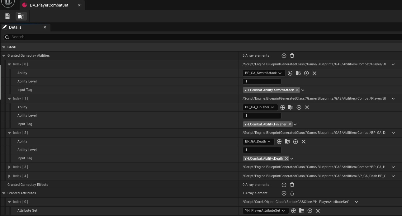 DA_PlayerCombatSet data asset open in the Unreal Editor